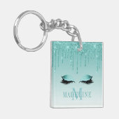 Modern fashionable Blauwgroen Glitter Lashes Monog Sleutelhanger (Voorkant Links)