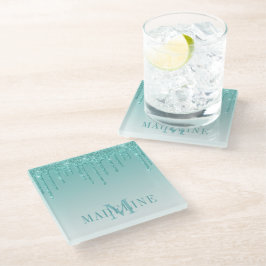 Modern fashionable Blauwgroen Glitter Monogram Glazen Onderzetter