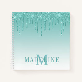 Modern fashionable Blauwgroen Glitter Monogram Notitieboek