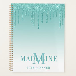 Modern fashionable Blauwgroen Glitter Monogram Planner