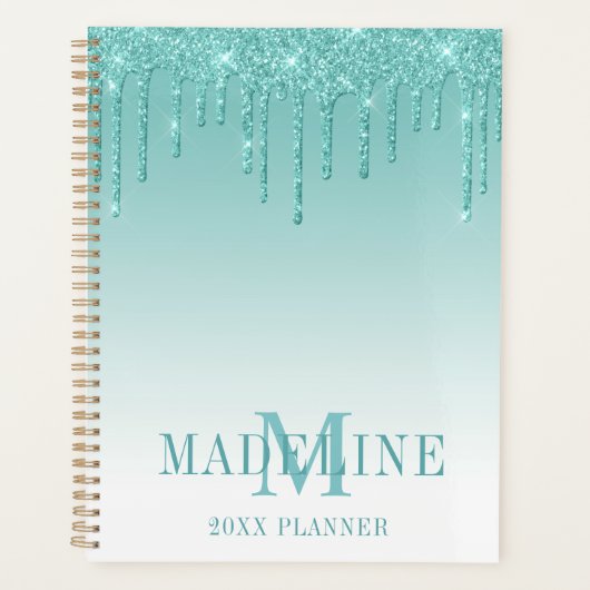 Modern fashionable Blauwgroen Glitter Monogram Planner (Voorkant)