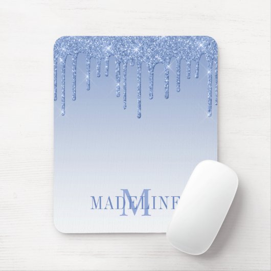 Modern Fashionable Dusty Blue Monogram Glitter Muismat (Met muis)