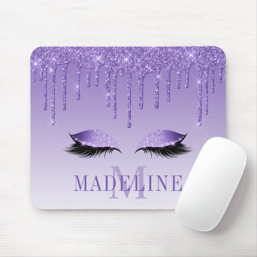 Modern Fashionable Paarse Glitter Lashes Monogram Muismat (Met muis)