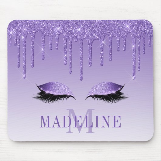 Modern Fashionable Paarse Glitter Lashes Monogram Muismat (Voorkant)