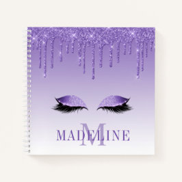 Modern Fashionable Paarse Glitter Lashes Monogram Notitieboek