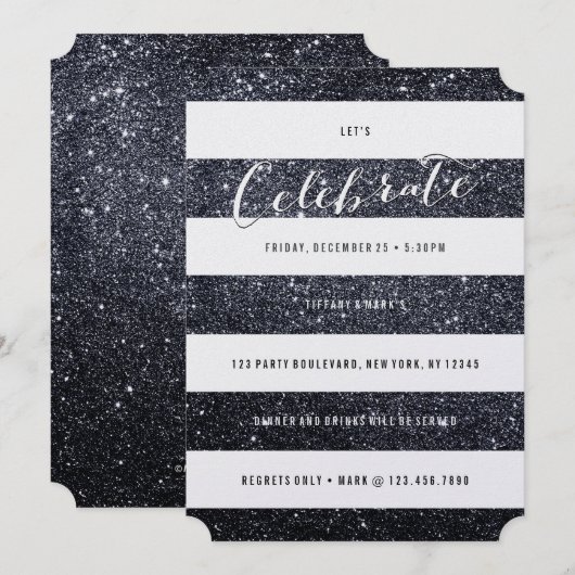 Modern Faux Black Glitter Party Invitation Kaart (Voorkant / Achterkant)