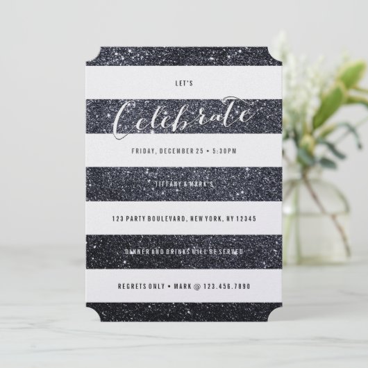 Modern Faux Black Glitter Party Invitation Kaart (Staand voorkant)