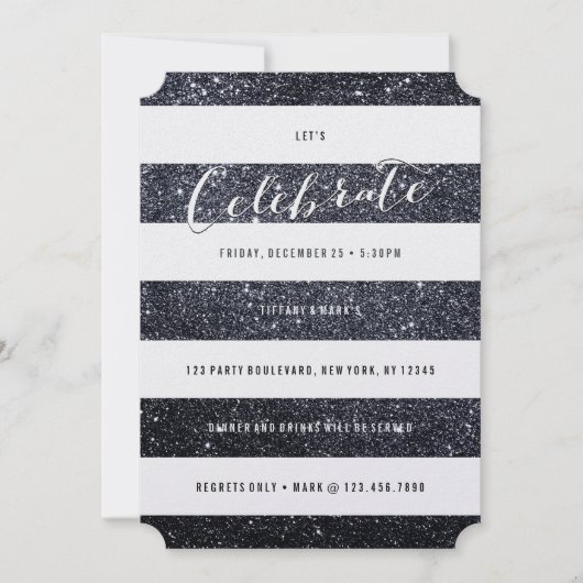 Modern Faux Black Glitter Party Invitation Kaart (Voorkant)