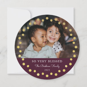 Modern Faux Folie Gold Stippen Foto Ornament Plum Feestdagenkaart