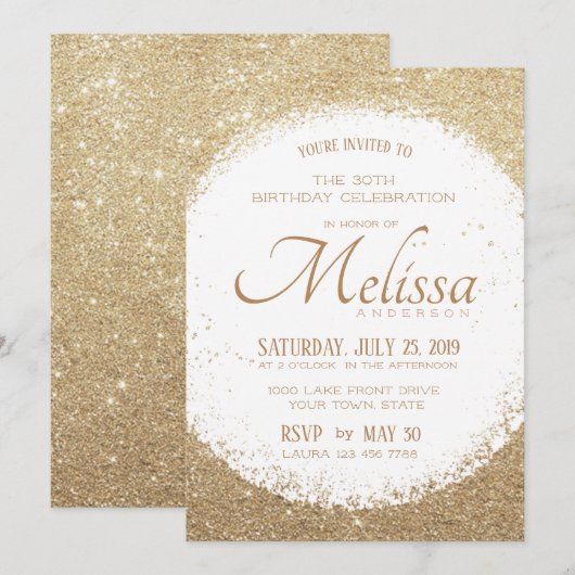 Modern Faux Glitter Gold en White Birthday Invite Kaart (Voorkant / Achterkant)