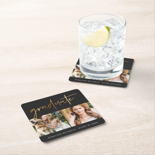 Modern Faux Gold Afstuderen Script Photo Grid Blac Kartonnen Onderzetters (Insitu)