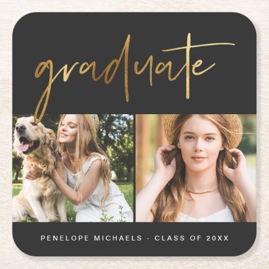 Modern Faux Gold Afstuderen Script Photo Grid Blac Kartonnen Onderzetters (Voorkant)