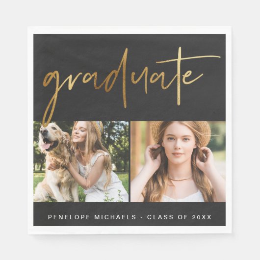 Modern Faux Gold Afstuderen Script Photo Grid Blac Servet (Voorkant)