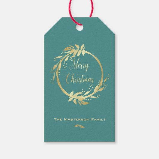 Modern Faux Gold Blauwgroen Vrolijk Kerstkrans Cadeaulabel (Voorkant)