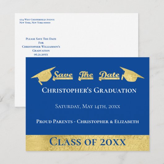 Modern Faux Gold Blue Bewaar de afstudeerdop Aankondigingskaart (Voorkant / Achterkant)
