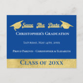 Modern Faux Gold Blue Bewaar de afstudeerdop Aankondigingskaart (Voorkant)