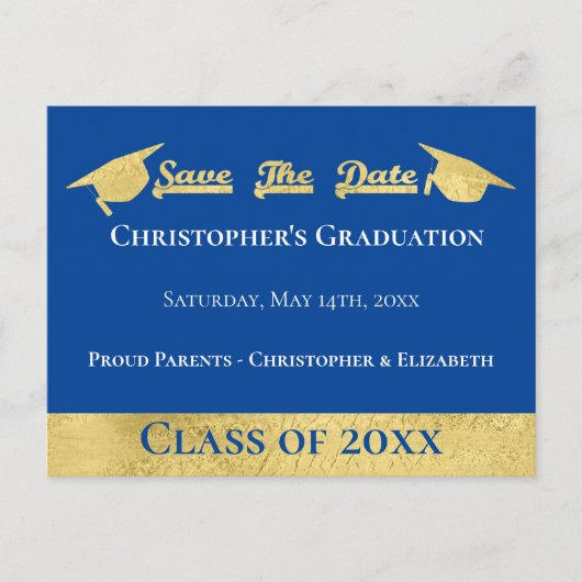 Modern Faux Gold Blue Bewaar de afstudeerdop Aankondigingskaart (Voorkant)