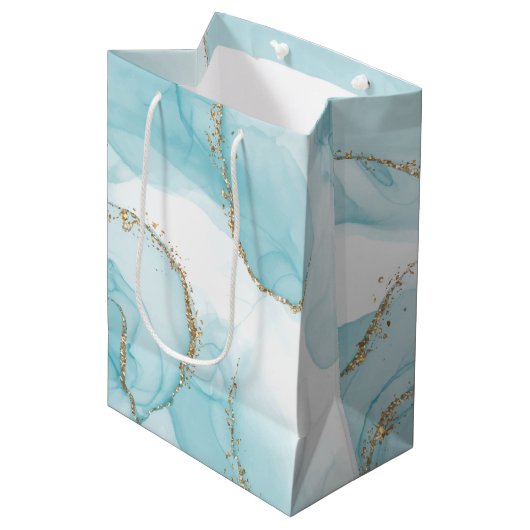 Modern Faux Gold & Blue Waterverf Marble Pattern Medium Cadeauzakje (Voorkant Gekanteld)