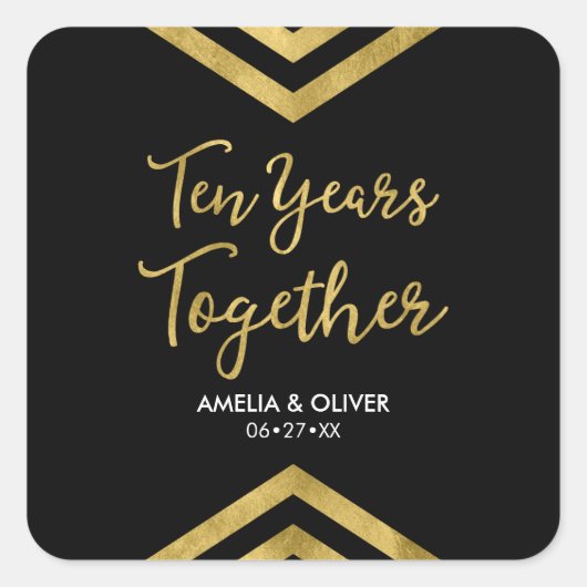 Modern Faux Gold Chevron 10de Jubileum Partij Vierkante Sticker (Voorkant)