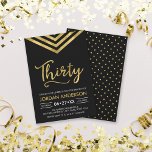 Modern Faux Gold Chevron 30th Birthday Party Kaart<br><div class="desc">Moderne uitnodiging van 30e verjaardag met een elegante geometrische chevron en het woord "Dertig" in faux goud tegen een zwarte achtergrond. De kaart omvat een passende achterkant van het patroon. Bekijk hier de overeenkomende items http://www.zazzle.com/collections/modern_faux_gold_chevron_celebration_collection-119531050277382712?rf=238364477188679314 en pas deze aan door de plaatsaanduidingstekst te vervangen om uw informatie toe te voegen....</div>