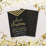 Modern Faux Gold Chevron Sweet 16 Birthday Kaart<br><div class="desc">Modern Sweet 16 Birthday-uitnodiging met een elegante geometrische chevron en het woord "Sweet Sixteen" in namaakgoud tegen een zwarte achtergrond. De kaart omvat een passende achterkant van het patroon. Bekijk hier de overeenkomende items http://www.zazzle.com/collections/modern_faux_gold_chevron_celebration_collection-119531050277382712?rf=238364477188679314 en pas deze aan door de plaatsaanduidingstekst te vervangen om uw informatie toe te voegen. Klik...</div>