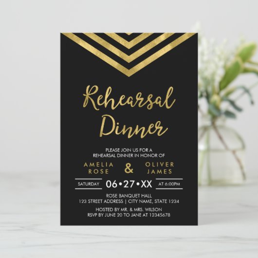 Modern Faux Gold Chevron Wedding Rehearsal Dinner Kaart (Staand voorkant)