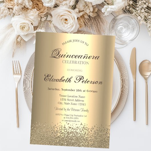 Modern Faux Gold Diamonds Gold Quinceañera Kaart