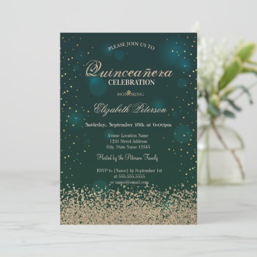 Modern Faux Gold Diamonds Green Quinceañera Kaart (Staand voorkant)