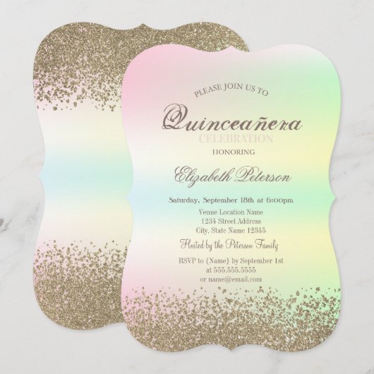 Modern Faux Gold Diamonds Iridescent Quinceañera Kaart (Voorkant / Achterkant)