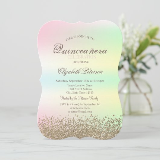 Modern Faux Gold Diamonds Iridescent Quinceañera Kaart (Staand voorkant)
