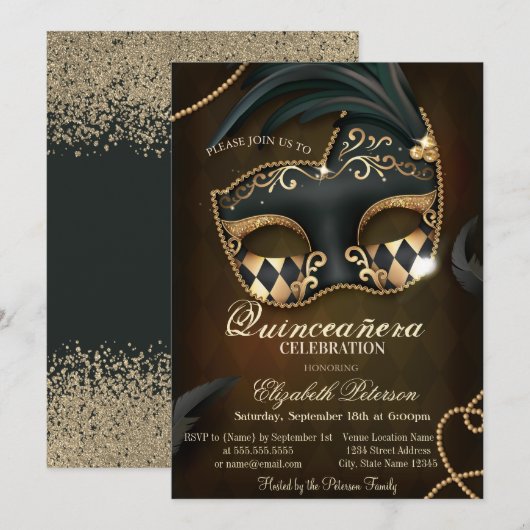Modern Faux Gold Diamonds Masquerade Quinceañera Kaart (Voorkant / Achterkant)