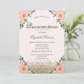 Modern Faux Gold Diamonds Rozen stiped Quinceañera Kaart (Staand voorkant)