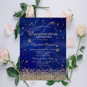 Modern Faux Gold Diamonds Stars Blue Quinceañera Kaart