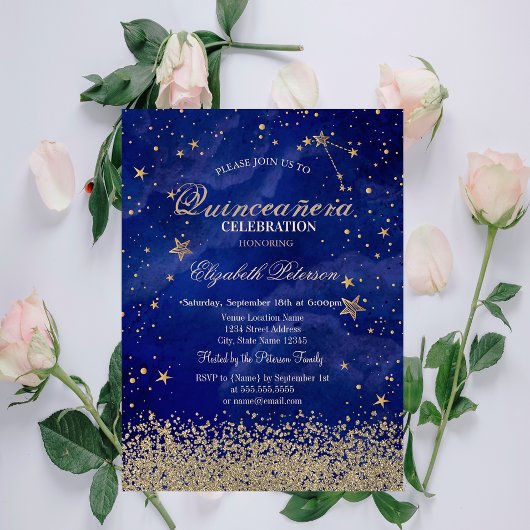 Modern Faux Gold Diamonds Stars Blue Quinceañera Kaart