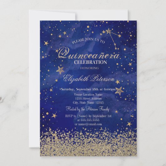 Modern Faux Gold Diamonds Stars Blue Quinceañera Kaart (Voorkant)