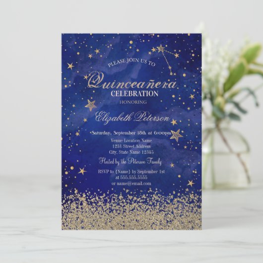 Modern Faux Gold Diamonds Stars Blue Quinceañera Kaart (Staand voorkant)
