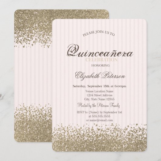 Modern Faux Gold Diamonds Stiped Quinceañera Kaart (Voorkant / Achterkant)