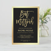 Modern Faux Gold en Black Bat Mitzvah Invitation Kaart (Staand voorkant)