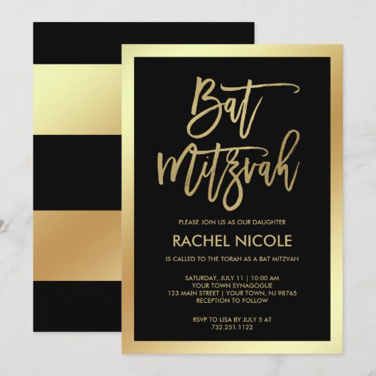 Modern Faux Gold en Black Bat Mitzvah Invitation Kaart (Voorkant / Achterkant)