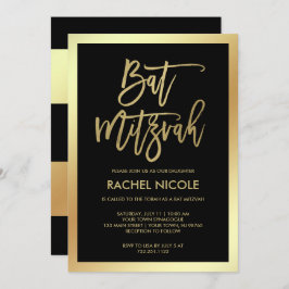 Modern Faux Gold en Black Bat Mitzvah Invitation Kaart