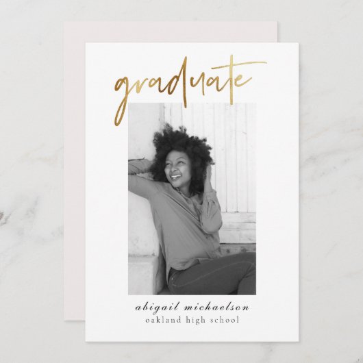 Modern Faux Gold en Blush Photo Graduation Party Kaart (Voorkant / Achterkant)