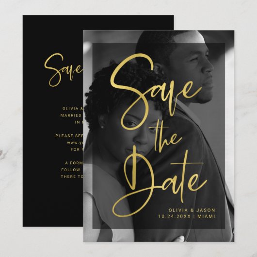 Modern Faux Gold en zwarte bekleding | Foto Save The Date (Voorkant / Achterkant)