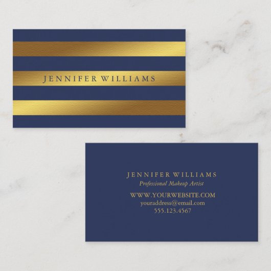 Modern Faux Gold Foil en Blue Stripes Pattern Visitekaartje (Voorkant / Achterkant)