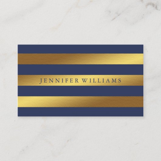 Modern Faux Gold Foil en Blue Stripes Pattern Visitekaartje (Voorkant)