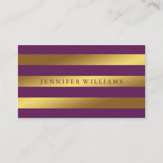 Modern Faux Gold Foil en Plum Stripes Visitekaartje (Voorkant)