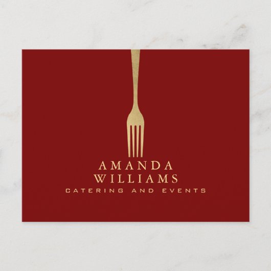 Modern Faux Gold Fork Catering Logo on Red Briefkaart (Voorkant)