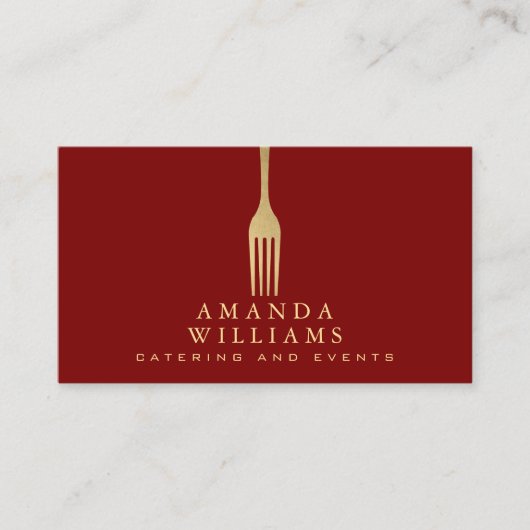 Modern Faux Gold Fork Catering Logo on Red Visitekaartje (Voorkant)