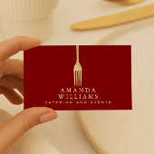 Modern Faux Gold Fork Catering Logo on Red Visitekaartje