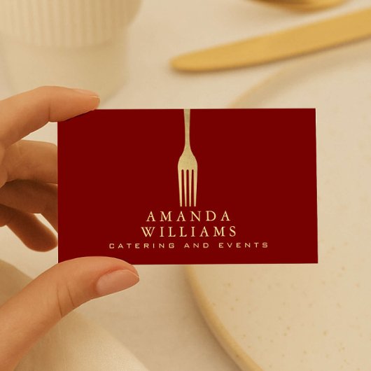 Modern Faux Gold Fork Catering Logo on Red Visitekaartje