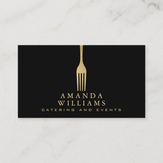 Modern Faux Gold Fork Catering Logo op zwart Visitekaartje (Voorkant)